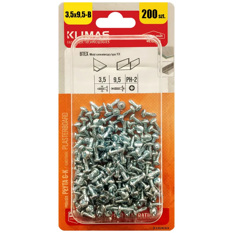 WKRĘTY PCHEŁKI 3,5x9,5 DO METALU PROFILI SAMOWIERCĄCE OCYNK BLISTER 200szt KLIMAS